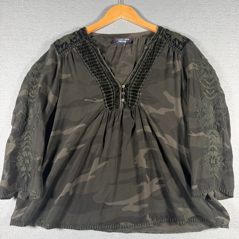 Johnny Was Workshop Silk Camo Embroidered Velvet Trim V-Neck Blouse W17717-0